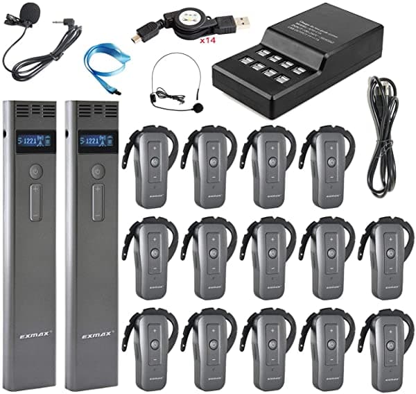 EXMAX EXD-6688 2.4GHz Sistema de audioguía inalámbrico de mano, soporta dos transmisores trabajando en simultáneo, para fábricas ruidosas, excursiones y tours (2 transmisores y 14 receptores con base de carga de 16 puertos)