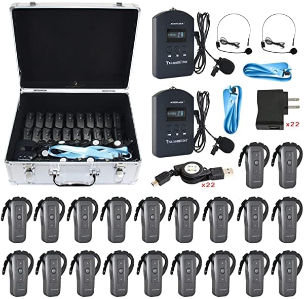EXMAX EXD-6688 2.4GHZ - Auriculares inalámbricos de traducción simultánea 9999 canales para entrenamiento de fábrica, ruido, recepción VIP (2 transmisores, 20 receptores y caja de almacenamiento plateada)