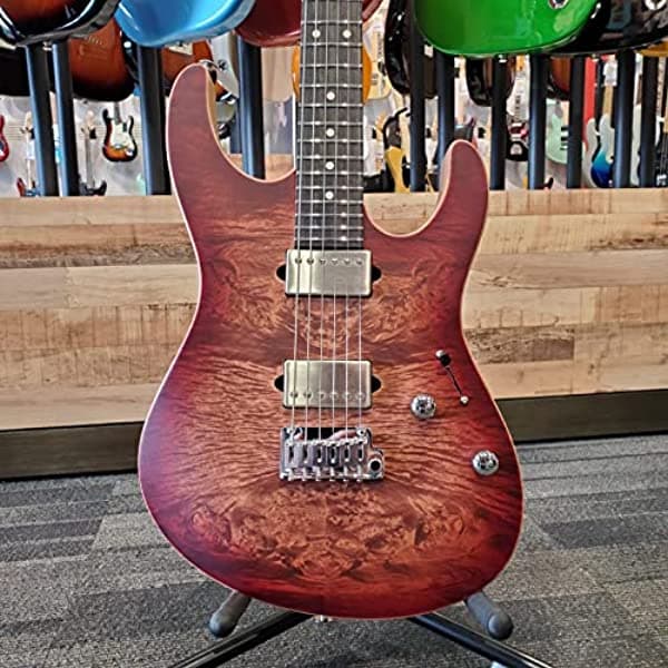 Suhr Firehouse Guitars - Guitarra eléctrica moderna exclusiva con tapa de arce burl en cascada, raso descolorido, color rojo vino burst con estuche rígido