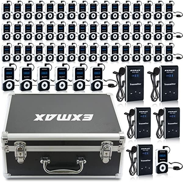 EXMAX ATG-100T 72MHz-76MHz sistema de audioguía inalámbrico/sistema de monitoreo con estuche de transporte (sin función de carga), para enseñanza, conferencias, guías turísticos (5 transmisores y 55 receptores con estuche negro) ATG-100T72MHz5T55RwithBlackCaseUS-YYN