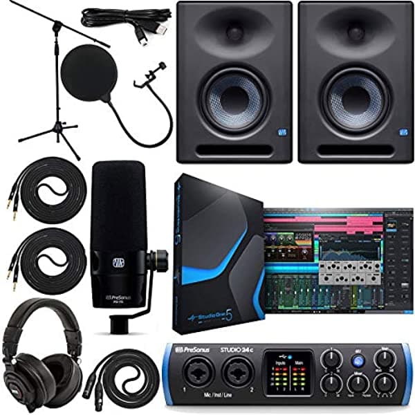 Presonus Studio 24C 2X2 Usb Audio/Interfaz Midi Con Studio One 5 Artist Software Pack Con Presonus Eris E5 Xt Par De Monitores De Estudio De 2 Vías Con Diseño De Guía De Onda Ebm Micrófono Dinámico Voces Pd-70