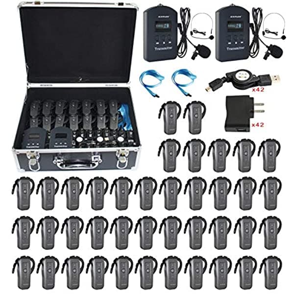 Exmax Exd-6688 - Equipo De Traducción Inalámbrica De 24 Ghz Para Iglesia Sistema De Guía Turística Soporte Para 2 Transmisores Funcionan Simultáneamente Para Entrenamiento De Conferencias (2 Transmisores Y 40 Receptores Con Caja De Almacenamiento Negra)