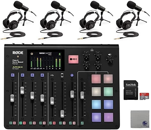 Rode Rodecaster Pro Podcast Bundle Con 4X Zoom Zdm-1 Podcast Mic Packs Sandisk Tarjeta Microsd De 32 Gb Y Paño De Pulido Streameye RCP | (4) ZDM-1-PMP | 32GB SD | Cloth