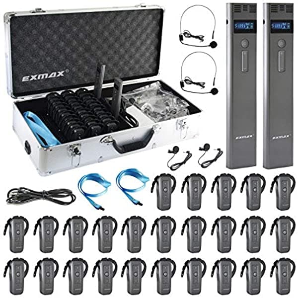 EXMAX EXD-6688 2.4GHz sistema de audioguía inalámbrico, equipo de transmisión de voz compatible con dos transmisores funcionando simultáneamente para conferencias (2 transmisores y 25 receptores con estuche de carga de 32 ranuras)