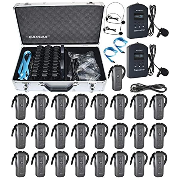 EXMAX EXD-6688 2.4 GHz sistema de transmisión de voz de audio inalámbrico, compatible con dos transmisores funcionando simultáneamente para exposiciones y viajes de campo (2 transmisores y 25 receptores con estuche de carga de 32 ranuras)