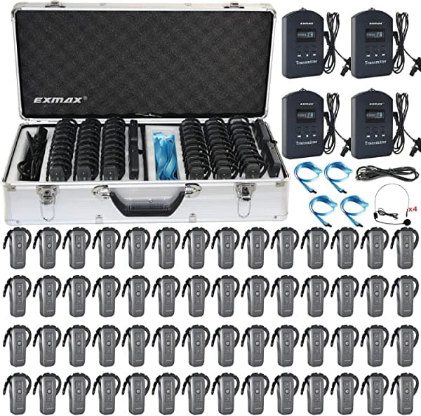 Exmax EXD-6688 - Micrófono Inalámbrico de Guía para Excursiones de 2.4 GHz con 2 Transmisores que Funcionan Simultáneamente para Reuniones Multilingües (4 Transmisores y 56 Receptores con Estuche de Carga de 64 Ranuras)