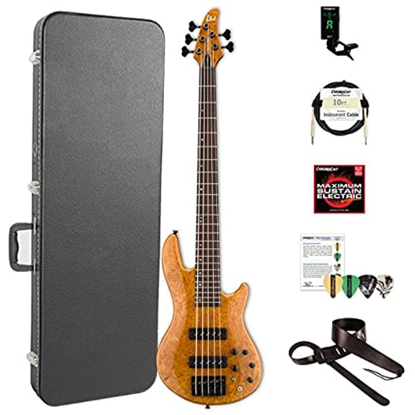 ESP LH1005SEBMHN-KIT-2 H Series 5 Cuerdas Tapa de Arce Macizo Burled Bajo Eléctrico con Estuche Rígido Miel Natural