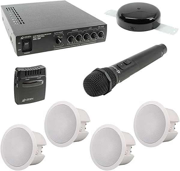 Azden Ir-Cs Sistema De Aula Inalámbrico Infrarrojo Con Receptor De 2 Canales Micrófono Para Profesor Micrófono De Estudiante 4 Altavoces De Techo Sensor Ir De Montaje En Techo Baterías Recargables Y Cargadores De Pared De Ca