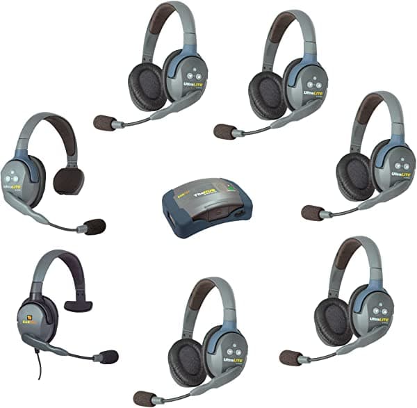 Eartec Hub715Mxs - Sistema De 7 Personas Con 1 Single 5 Auriculares Inalámbricos Dobles De Comunicación Y 1 Auricular Único Max4G Con Transceptor De Base Mini Hub