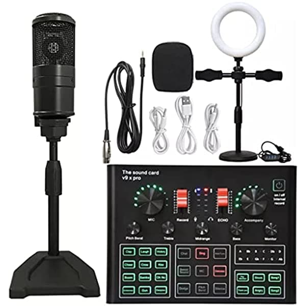 Ncwzyy Set de Micrófono Condensador Profesional de Estudio con Placa de Sonido en Vivo Inalámbrico Bluetooth (Color Black Led Size K16) yljq-5675