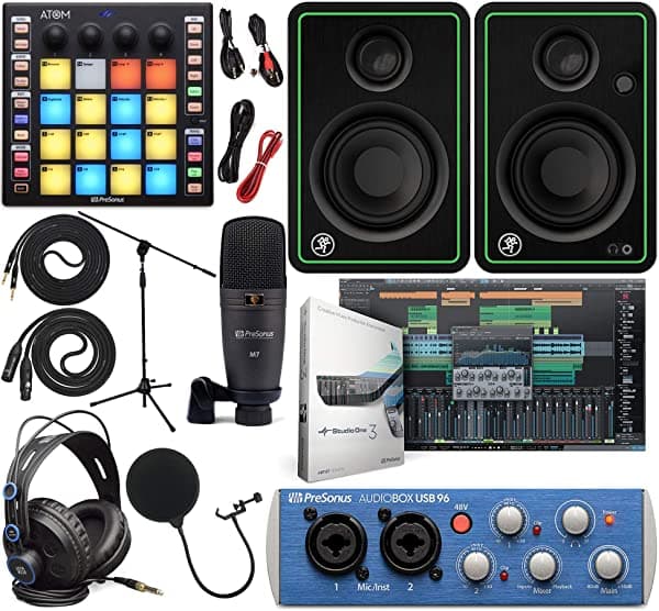 PreSonus AudioBox 96 Placa de Audio (Puede Variar Azul O Negro) Kit De Estudio Completo Con Studio One Artist Software Pack con Atom MIDI Production Pad Controlador con Mackie CR4-X Par de Monitores de Estudio