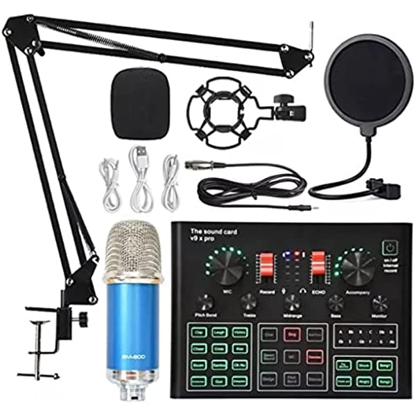 Ncwzyy Micrófono Condensador con Placa de Sonido Profesional de Estudio Inalámbrico Bluetooth Compatible con Celulares (Color Bluev9Xpro Size Bm900) yljq-5675