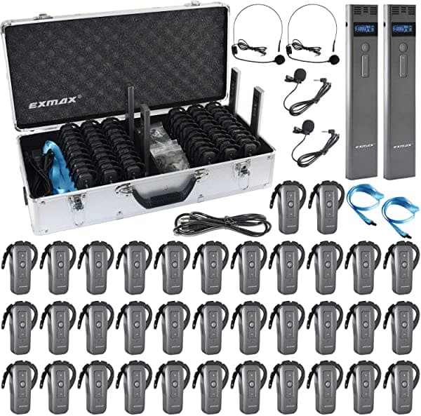 Exmax EXD-6688 - Sistema de Transmisión de Audio y Voz Inalámbrico de Mano de 2.4 GHz con Función de Silencio para Intérprete Guía Turístico Presentadores Entrenador (2 Transmisores y 35 Receptores con Estuche de Carga de 64 Ranuras)
