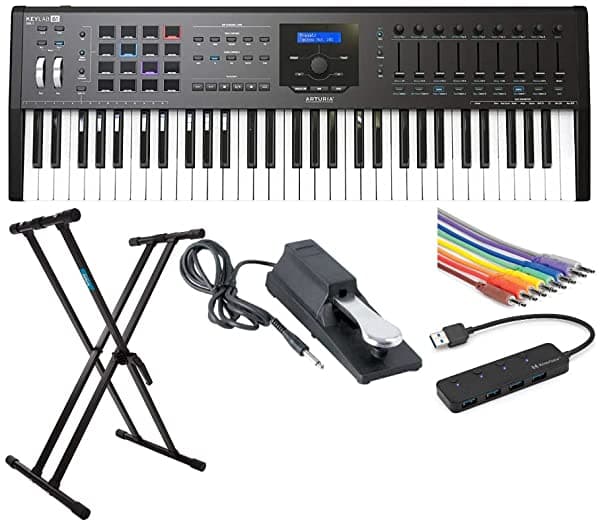 Arturia Keylab Mkii 61 - Controlador Y Software Midi Profesional (Negro) Con Soporte Ajustable Knox Pedal De Sujeción En El Escenario Hub Usb 3.0 De 4 Puertos Y Cables Ts De 0.138 In (5 Artículos) A230631K2