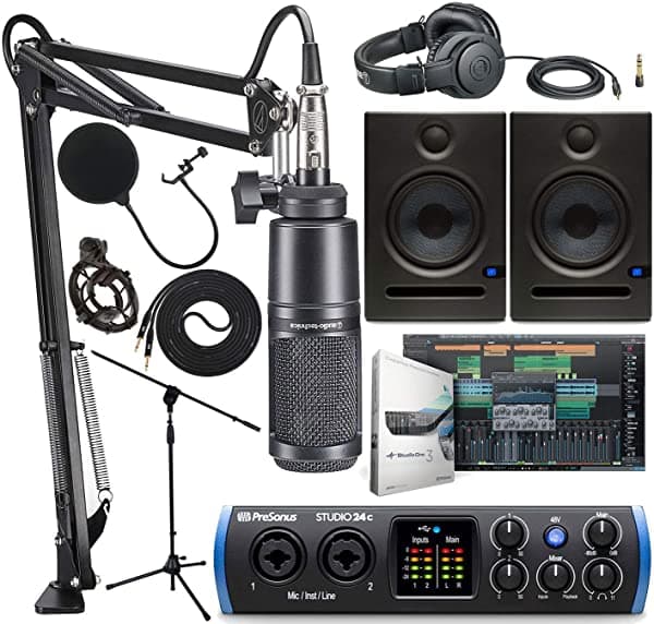 Audio Technica At2035 Micrófono Shockmount Ath-M20X Boom Xlr Cable Streaming/Podcasting Pack Y Presonus Studio 24C 2X2 Usb Type-C Audio/Midi Interfaz Con Eris E5 Par Studio Monitores