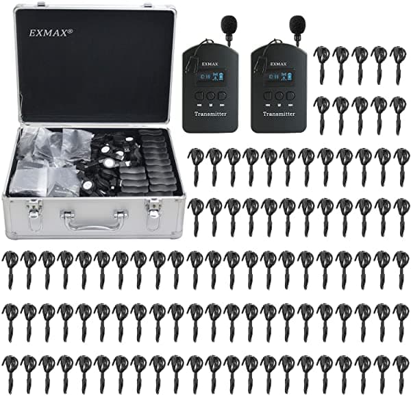 Exmax EX-624 ISM 2.4Ghz-2.4835Ghz Sistema de Audioguía Inalámbrico Transmisor con Micrófono de Diadema y Receptor Mini con Gancho de Oreja para Iglesia Aula Conferencias Seminarios Capacitación Viajes Exposiciones