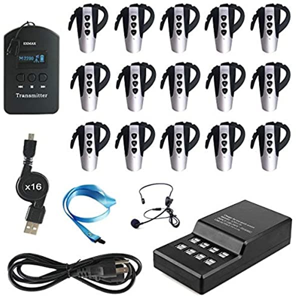 Exmax Sistema Inalámbrico De Guía Turística 2.4G Equipo De Monitoreo De Audio Sistema De Interpretación De Idiomas Para Conferencias De Interpretación Simultánea (1 Transmisor 15 Receptores Y Estación De Cargador De 16 Puertos) EXD-6824