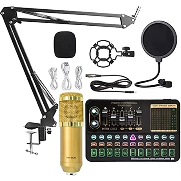 Mldsn Set de Micrófono Condensador Profesional Micrófono de Estudio Placa de Sonido en Vivo Inalámbrico Micrófono Ajustable (Color G Gold V10Xpro Tamaño BM800) smmkf-369