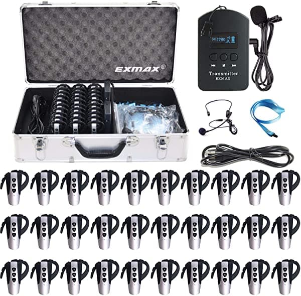 Exmax Exd-6824 - Sistema De Transmisión De Voz Con Manos Libres Y Manos Libres De 24 Ghz Con 9999 Canales Para Intérprete Presentador Entrenador 1 Transmisor Y 30 Receptores Con 32 Ranuras De Carga