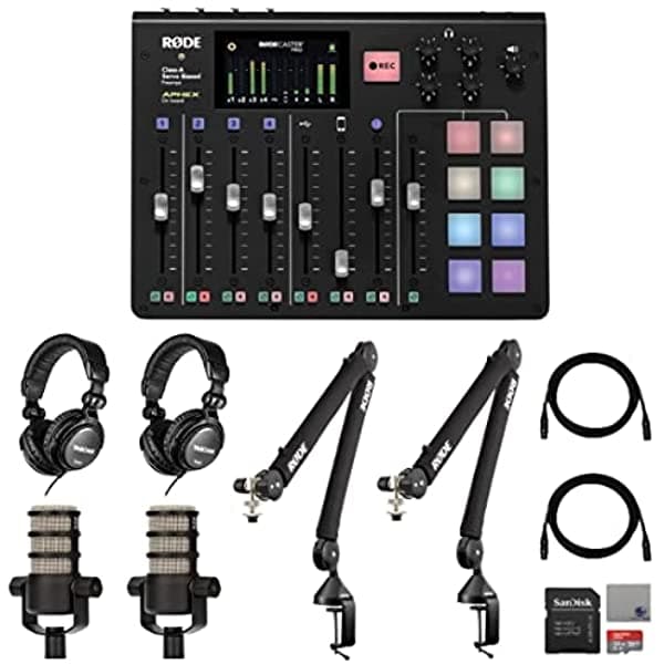 Rode Rodecaster Pro 2X Rode Psa1+ Micrófono Boomarms 2X Rode Podmic Dynamic Podcasting Micrófono 2X Th-02 Studio Grade Auriculares 32Gb Microsd Card Xlr Cables Y Streameye Polishing Cloth RCP/PodMics/PSA1+/TH02/SDCard/Cloth/XLR