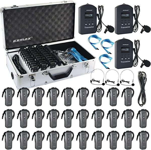 Exmax Exd-6688 2.4Ghz Guía De Viaje Inalámbrico Sistema De Transmisión De Voz Permite Dos Presentaciones/Intérpretes Hablando Simultáneamente Para La Traducción (3 Transmisores Y 29 Receptores Con 32 Ranuras De Carga Estuche)