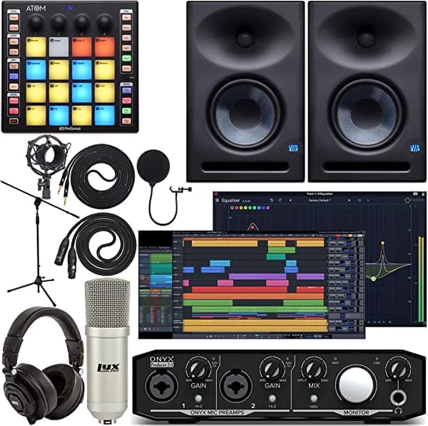 Mackie Onyx Producer 2-2 Audio/Midi Kit De Interfaz Con Pro Tools First Software Atom Midi Production Pad Controller Eris E7 Xt Par De Monitores De 2 Vías Con Diseño De Guía De Onda Ebm Micrófono Condensador