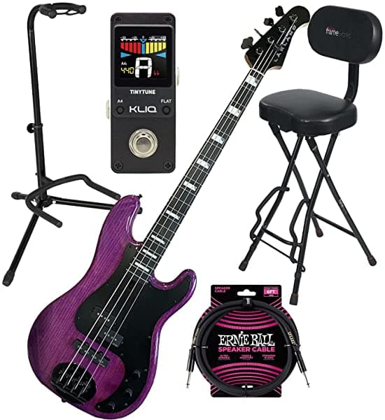 Clutch Lakland Skyline 44-64 GZ - Bajo Eléctrico Translúcido Morado con Soporte Gator GFW-GTR-1000, Asiento GFW-GTR-SEAT, Cable Ernie Ball y Afinador KLIQ TinyTune Bundle