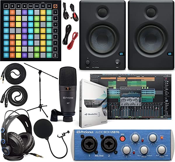PreSonus AudioBox 96 - Kit completo de estudio con interfaz de audio y pack de software Studio One Artist, con Novation Launchpad Mini MK3 controlador de grilla MIDI de 64 pads para Ableton Live, par de monitores de estudio Eris 3.5