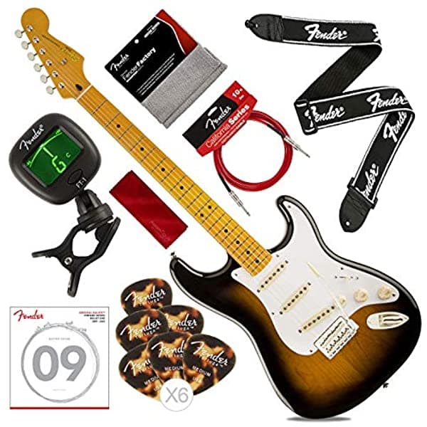 Squier By Fender Classic Vibe 50'S Stratocaster Guitarra Eléctrica 2 Colores Sunburst Con Sintonizador Correa Cuerdas Púas Y Cable Deluxe Bundle 0303000503_D