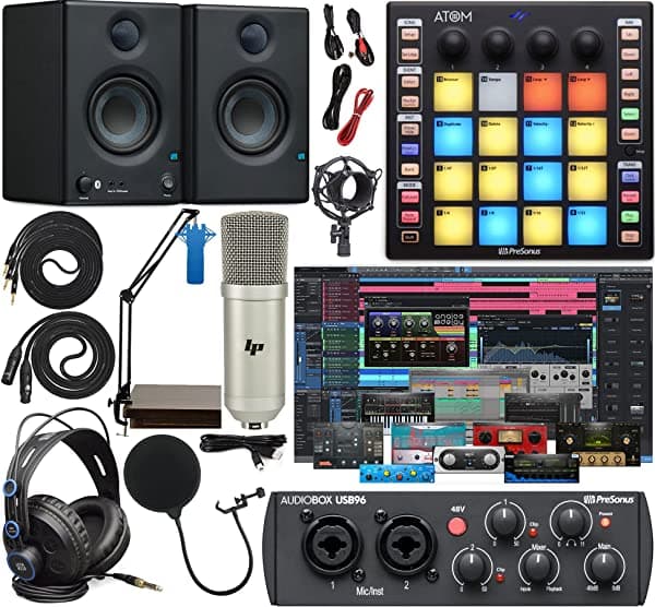 Presonus Audiobox 96 Interfaz De Audio Completo De Estudio Incluye Kit De Software Controlador Atom Midi Par De Monitores Bluetooth Eris 3.5 Bt Y Brazo De Suspensión Ajustable + Auriculares Hd7 AudioBox 96 + ATOM + E3 BT
