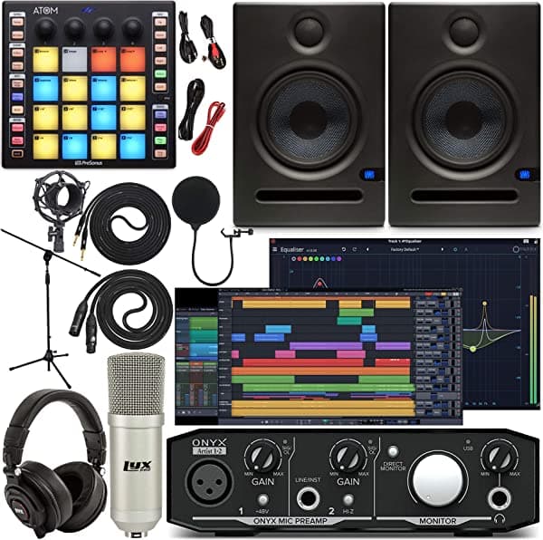Mackie Onyx Artist 1-2 Interfaz De Audio Con Pro Tools First Music Software Atom Midi Production Pad Controller Eris 3.5 Par Monitor De Estudio Micrófono Condensador Xlr Auriculares Soporte Para Micrófono