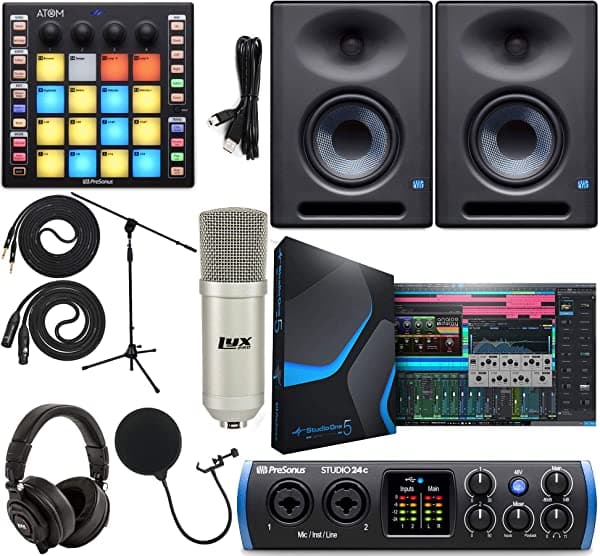 Presonus Studio 24C 2X2 Usb Type-C Audio/Interfaz Midi Con Controlador Atom Midi/Production Pad Y Eris E5 Xt Par De Monitores De Estudio De 2 Vías Con Diseño De Guía De Ondas Ebm Micrófono De Estudio