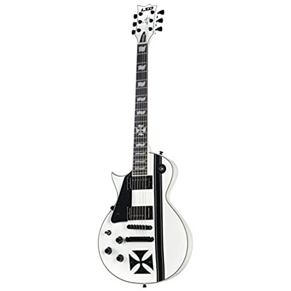 Guitarra Eléctrica ESP LTD Serie James Hetfield Signature Para Zurdos Iron Cross Con Estuche Rígido Con Gráfico Snow White Con Rayas LIRONCROSSSWLH