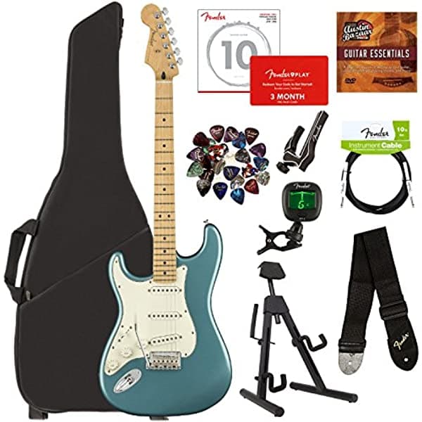 Fender Player Stratocaster Zurda Bundle con Funda Acolchada, Soporte, Afinador, Correa, Cable de Instrumento, Cuerdas de Repuesto Fender, Púas, Cejilla y DVD Essentials de Austin Bazaar - Tidepool 0144512513-COMBO-STD