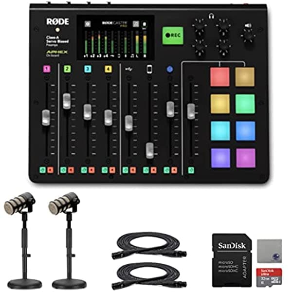 Rode Rodecaster Pro Con 2 X Rode Podmics Soportes En El Escenario Ds7200B Soporte De Micrófono De Escritorio Ajustable Tarjeta Microsd Sandisk Cables Xlr Y Paño De Pulido Streameye RCP | Podmics | and Accessories