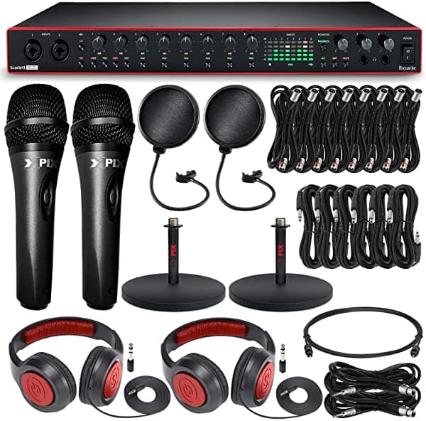 Focusrite Scarlett 18I20 - Interfaz De Audio Usb (3ª Generación) + Auriculares Estéreo Dinámicos Sr360 Micrófono De Mano Xpix Studio Soporte Para Micrófono De Escritorio Xpix De 6 Pulgadas Filtro De Pantalla Xpix Pop Cables Y Accesorios De Lujo