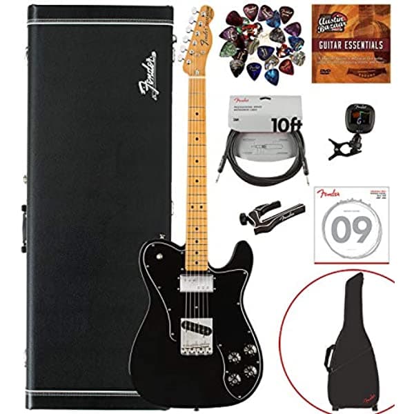 Fender Vintera '70s Telecaster Custom Arce Black Bundle con Estuche, Funda Acolchada, Cable, Afinador, Correas, Púas, Capo, Fender Play y DVD de Instrucciones de Austin Bazaar AUS-0149722306-COMBO-PRO