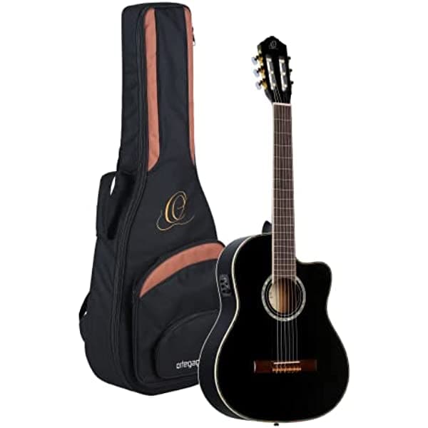 Ortega Family Series Pro Solid Top Guitarra Clásica Electroacústica de 6 Cuerdas de Nylon con Funda, para Diestros (RCE141BK)