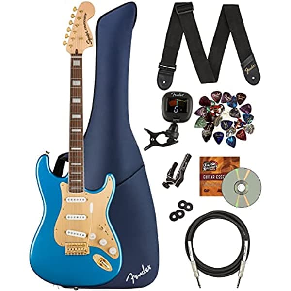 Fender Squier 40 Aniversario Edición Dorada Strat - Paquete Azul Lake Placid Con Bolsa Azul Medianoche Correa Cejilla Sintonizador Cable Juego De Guardabarros Bloques De Correa Púas Y Dvd Instructivo Del Bazar De Austin AUS-0379410502-COMBO-DLX