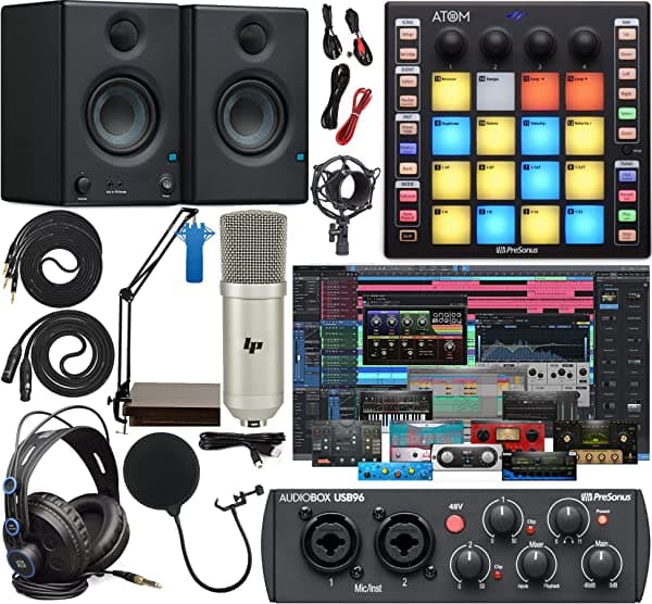 Presonus Audiobox 96 Audio Placa Full Studio Bundle Incluye Kit De Software Controlador Atom Midi Monitores Eris De 3.5 Pares Y Brazo De Suspensión Ajustable + Auriculares Hd7 AudioBox 96 + ATOM + E3.5