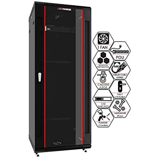 Sysracks Rack Para Servidores - 22U De Pared - Armario De Bloqueo Para Red - Electrónica - Audio - Video - Equipo Av - Bastidor De Datos - Casters / Pdu De 8 Vías / 2 X Estantes/Ventilador/Entradas De Cable A Prueba De Polvo