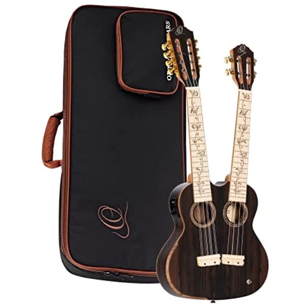 Ortega Custom Built Series Double Neck Ukelele Tenor Electroacústico de 4 y 8 Cuerdas con Funda, para Diestros (Hydra-ZS)
