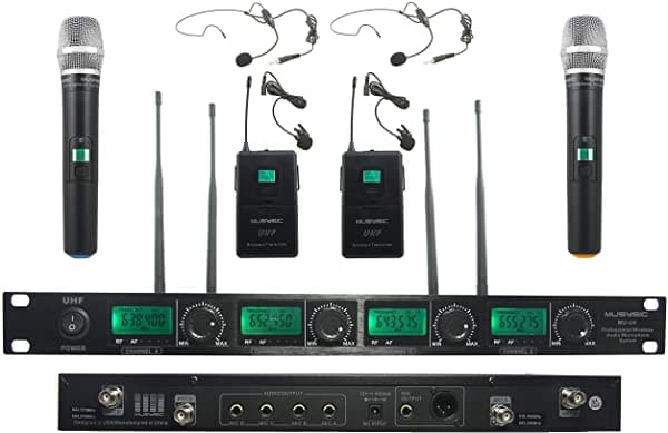 Musysic U4Hl Sistema De Micrófono Inalámbrico Profesional Uhf De 4 Canales De Mano Y Lapel/Lavalier Y Auriculares (Cumple Con Fcc)