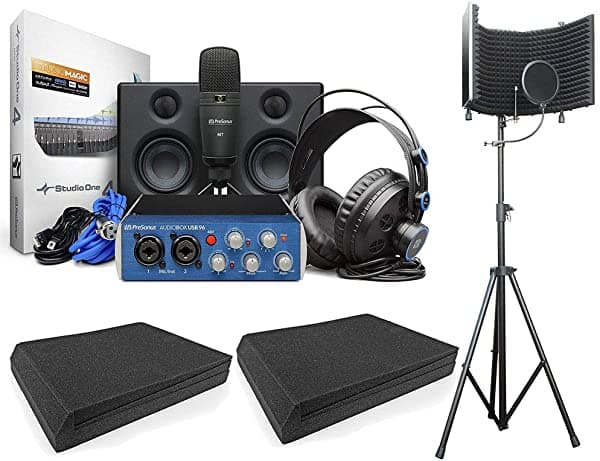 eStudioStar Presonus Audiobox Studio Ultimate Bundle Kit Completo De Grabación De Hardware/Software Con Protección De Aislamiento Axcessables Y Almohadillas De Espuma Para Altavoces. Para Audio Inalámbrico Bluetooth Estudio En Casa Podcast.