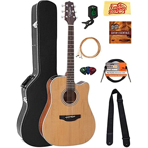 Takamine GD20CE Dreadnought Cutaway Guitarra Electroacústica - Paquete Satén Natural con Estuche Rígido, Cable, Afinador, Correa, Cuerdas, Púas, DVD Instructivo de Austin Bazaar y Paño de Pulido AUS-GD20CENS-COMBO-PRO