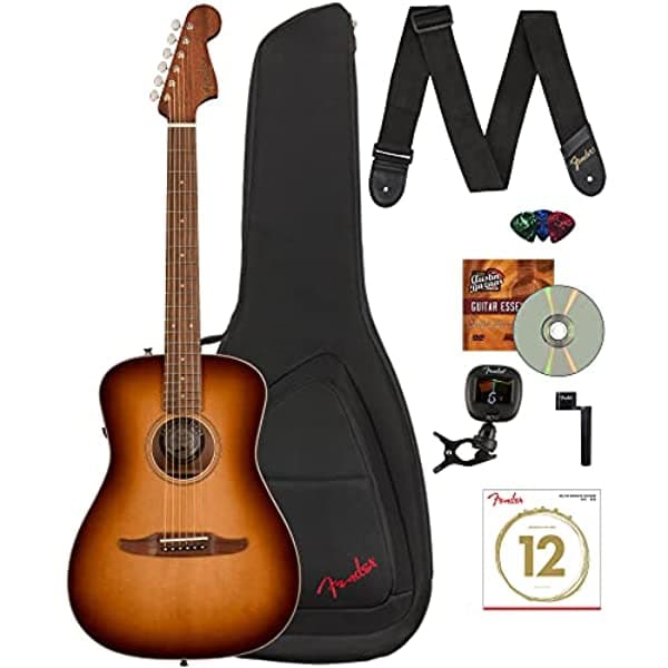 Fender Malibu - Paquete de Guitarra Electroacústica Classic con Funda Acolchada, Correa, Afinador de Clip, Cuerdas, Bobinadora de Cuerdas, Púas y DVD Instructivo de Austin Bazaar con Aged Cognac Burst AUS-0970923137-COMBO-DLX