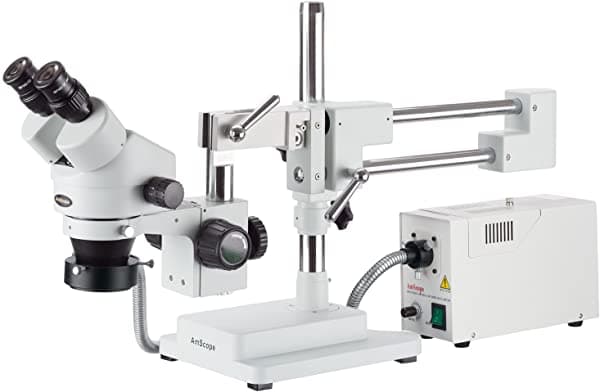 AmScope SM-4BZ-FOR Microscopio Estéreo Binocular Profesional con Zoom Oculares WH10X Ampliación 3.5X-90X Objetivo de Zoom 0.7X-4.5X Luz Anular de Fibra Óptica Soporte de Brazo Doble 110V-120V Incluye Lentes Barlow de 0.5X y 2.0X