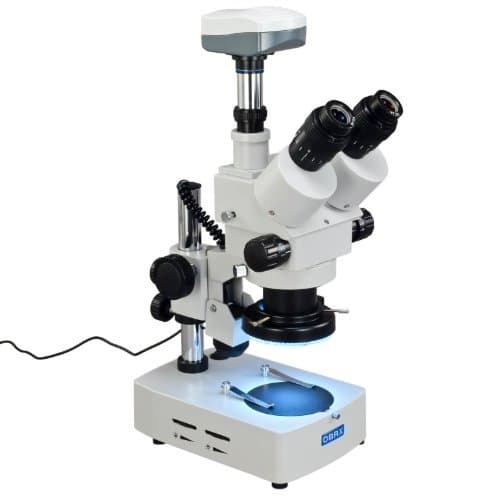 OMAX 3.5X-90X Microscopio Estéreo Trinocular con Zoom Digital, Sistema de Iluminación Dual y Aro de Luz Adicional de 144 LED y Cámara Digital USB de 5.0MP ‎V434B-L144L-C50