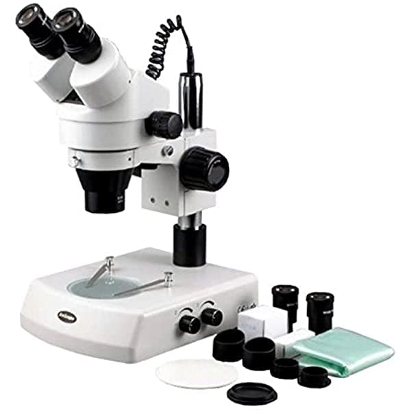 AmScope SM-2BYY Microscopio Estéreo Binocular Profesional con Zoom, Oculares WH10X y WH20X, Zoom de Aumento 7X-180X, Lente 0.7X-4.5X, Iluminación Halógena, Soporte de Pilar Superior e Inferior, 110V-120V, Incluye Lente Barlow 2.0X