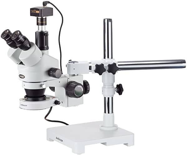 AmScope SM-3T-80S-M Microscopio Estéreo Trinocular Profesional con Zoom Digital, Oculares WH10X, 7X-45X Aumentos, Lente de Zoom 0.7X-4.5X, Aro de Luz de 80 LED, Soporte de Brazo Boom de Un Brazo, 90V-265V, Incluye Cámara de 13MP con Lente de Reducción y Software
